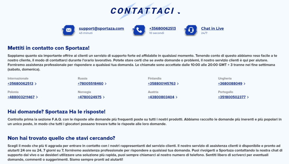 Sportaza assistenza clienti, contatti, live chat, numero di telefono