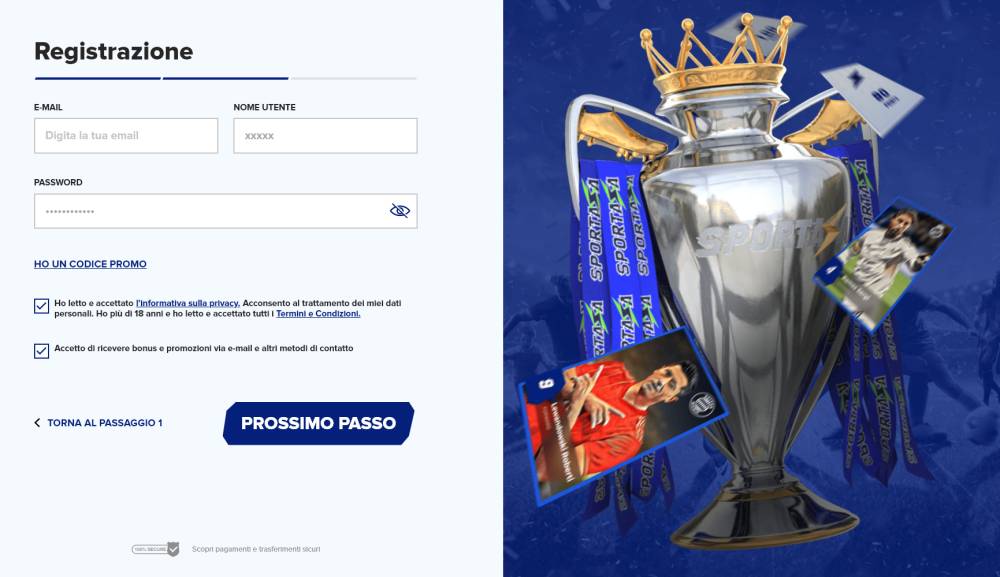 Sportaza registrazione, iscrizione