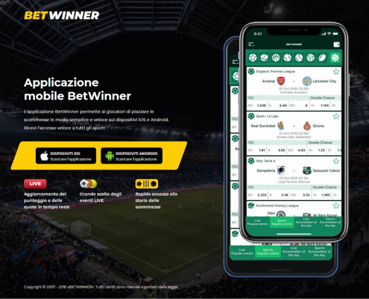 Betwinner app mobile scommesse
