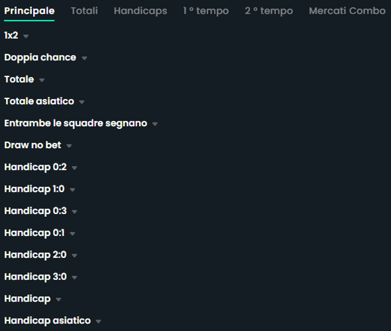 Quote, mercati ed opzioni scommesse del bookmaker