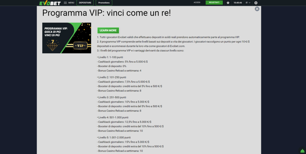 Programma VIP casinò - 7 Livelli VIP
