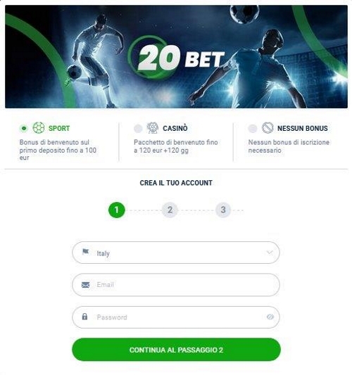 La registrazione a 20Bet