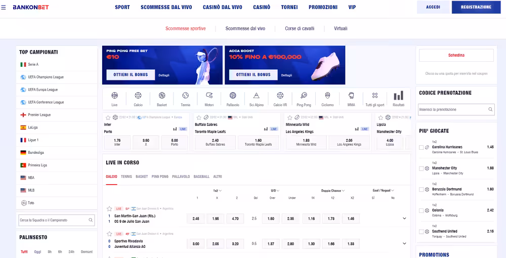 Bankonbet scommesse sportive - palinsesto 40 discipline