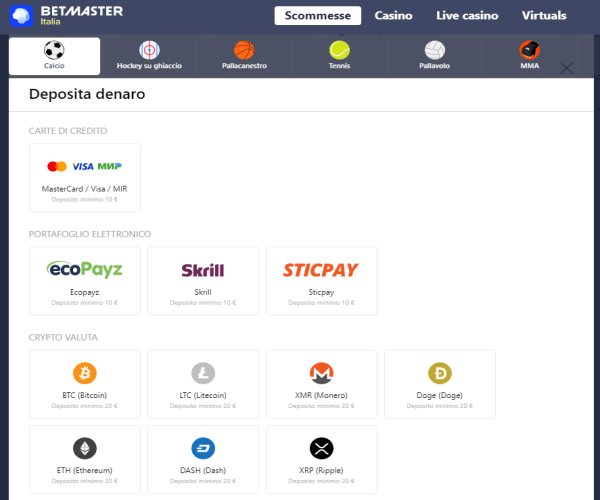 Betmaster, i metodi di deposito e di prelievo Metodi di deposito e prelievo