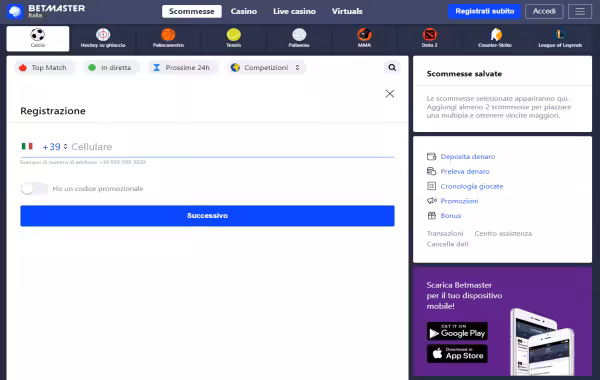 Betmaster registrazione truffa