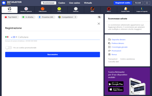Betmaster iscrizione al sito Betmaster registrazione
