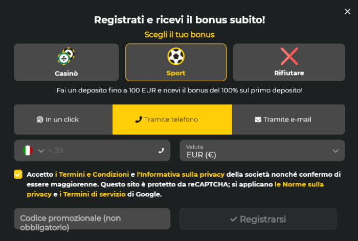 Betwinner, la registrazione dall'Italia