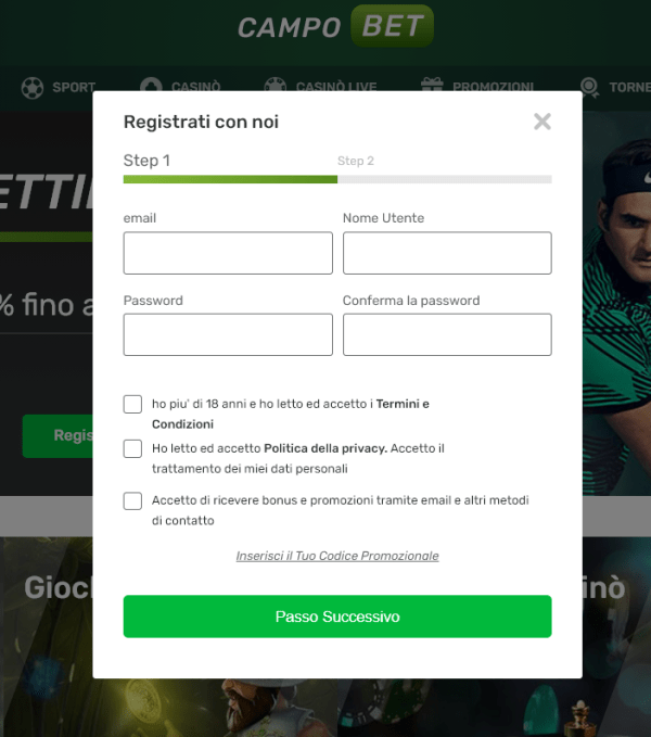 Campobet, iscrizione al sito del bookmaker