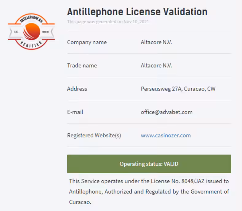 casinozer certificato di licenza gioco online