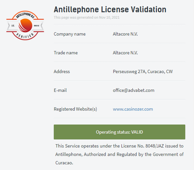 casinozer certificato di licenza gioco online
