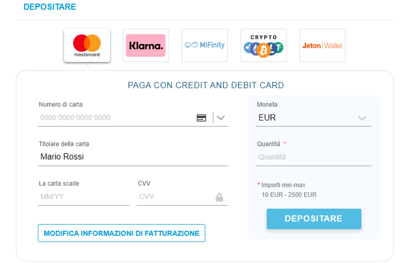 select.bet metodi deposito e prelievo