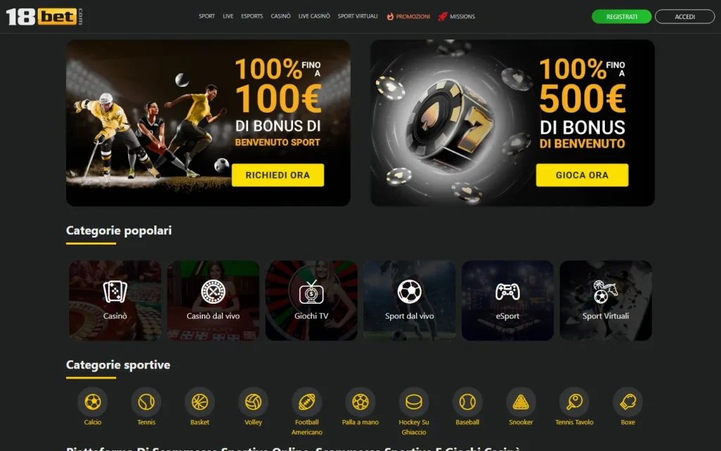 Homepage di 18bet in italiano