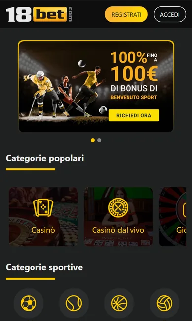 Homepage di 18bet aperta dal browser dello smartphone
