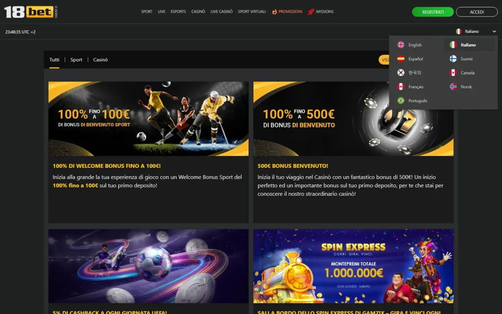 Pagina promozioni di 18bet con le offerte in corso