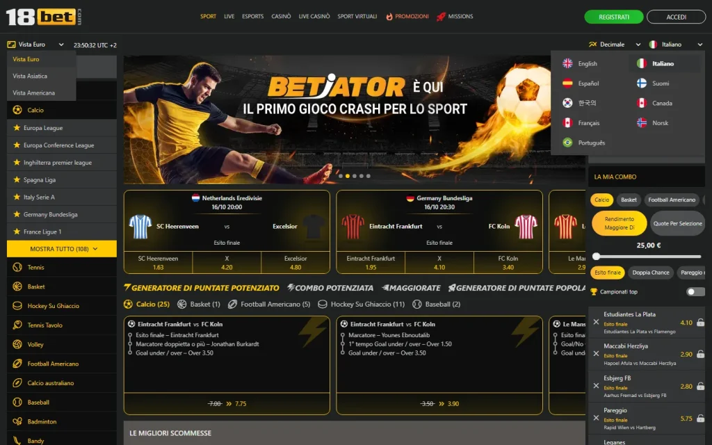 Sezione scommesse sportive di 18bet