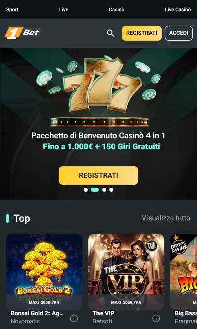 Homepage di 1Bet aperta dal browser dello smartphone