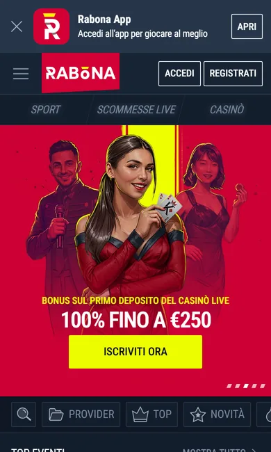 Homepage di Rabona aperta dal browser dello smartphone