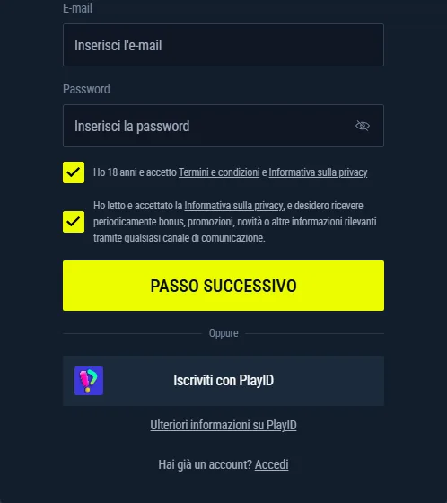 Modulo di registrazione di Rabona con i campi richiesti