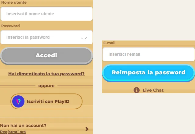 Finestra di accesso di Wazamba e modulo per reimpostare la password