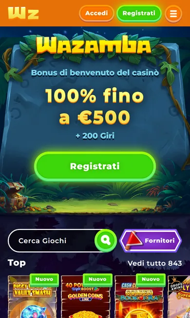 Homepage di Wazamba aperta dal browser dello smartphone